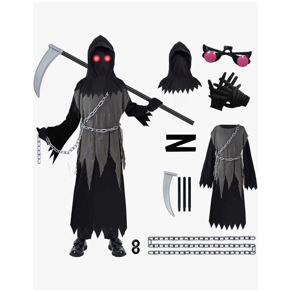 HALLOWEEN COSTUME Glowing Eyes Grim Reaper For Kids Small spooky 5 piece set